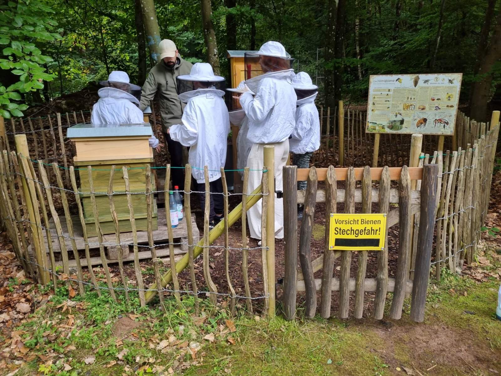 Eine Gruppe Menschen steht um einen Bienenstock herum